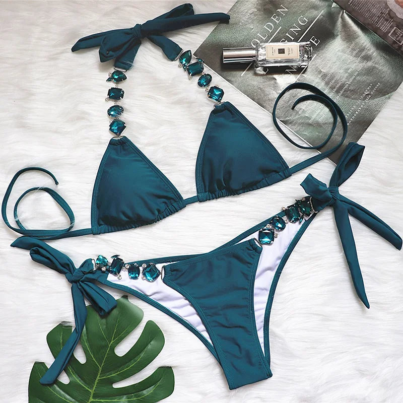 Halter Crystal Rhinestone Diamond Bikini 2026 Female Swimsuit Women Swimwear Two Pieces Bikini set Brazilian Bathing Suit Swim