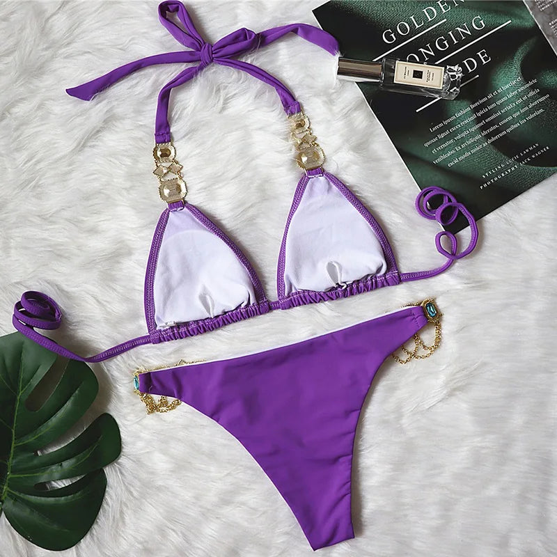 Halter Crystal Rhinestone Diamond Bikini 2026 Female Swimsuit Women Swimwear Two Pieces Bikini set Brazilian Bathing Suit Swim