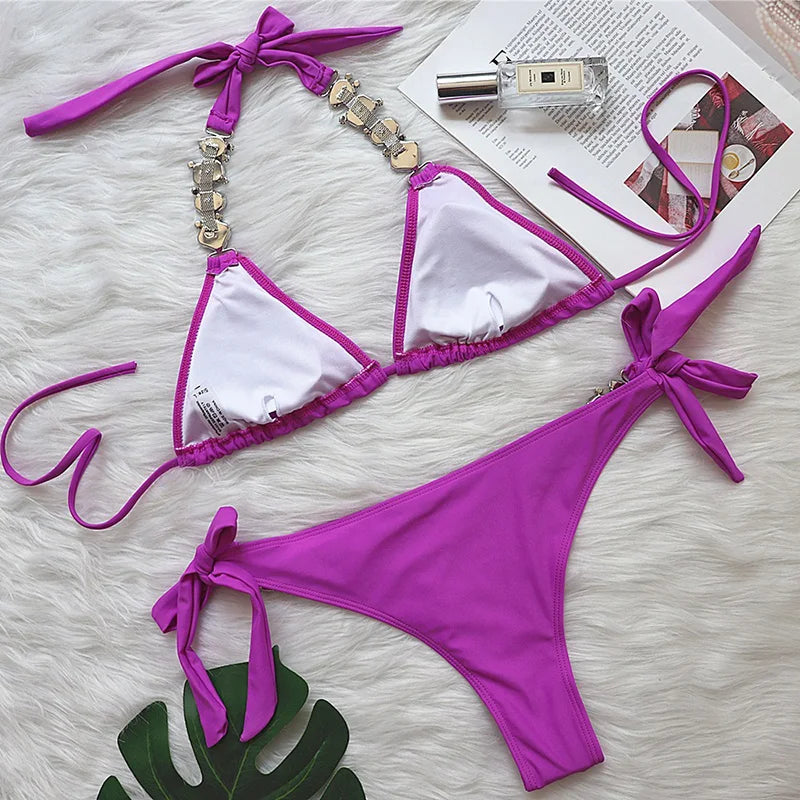 Halter Crystal Rhinestone Diamond Bikini 2026 Female Swimsuit Women Swimwear Two Pieces Bikini set Brazilian Bathing Suit Swim