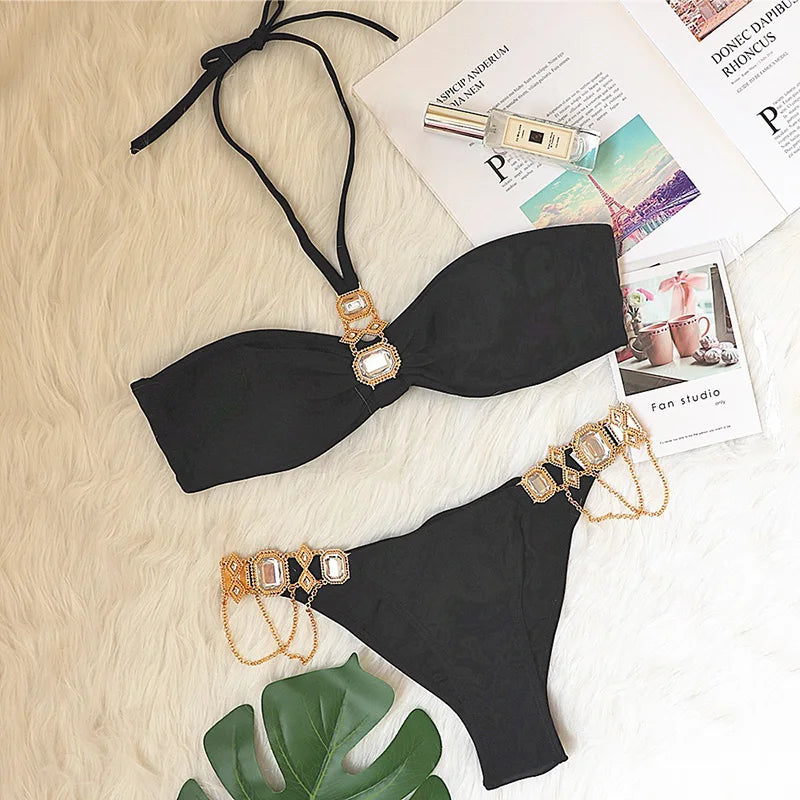 Halter Crystal Rhinestone Diamond Bikini 2026 Female Swimsuit Women Swimwear Two Pieces Bikini set Brazilian Bathing Suit Swim