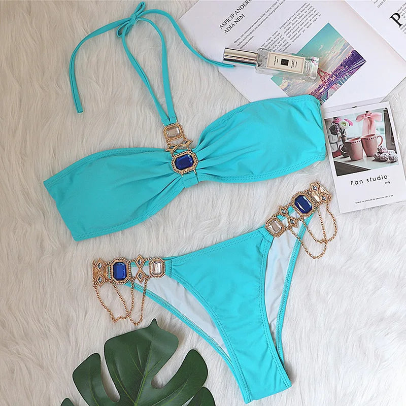 Halter Crystal Rhinestone Diamond Bikini 2026 Female Swimsuit Women Swimwear Two Pieces Bikini set Brazilian Bathing Suit Swim