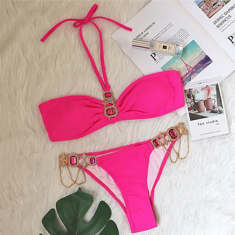 Halter Crystal Rhinestone Diamond Bikini 2026 Female Swimsuit Women Swimwear Two Pieces Bikini set Brazilian Bathing Suit Swim