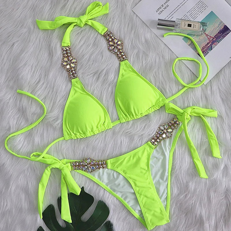 Halter Crystal Rhinestone Diamond Bikini 2026 Female Swimsuit Women Swimwear Two Pieces Bikini set Brazilian Bathing Suit Swim