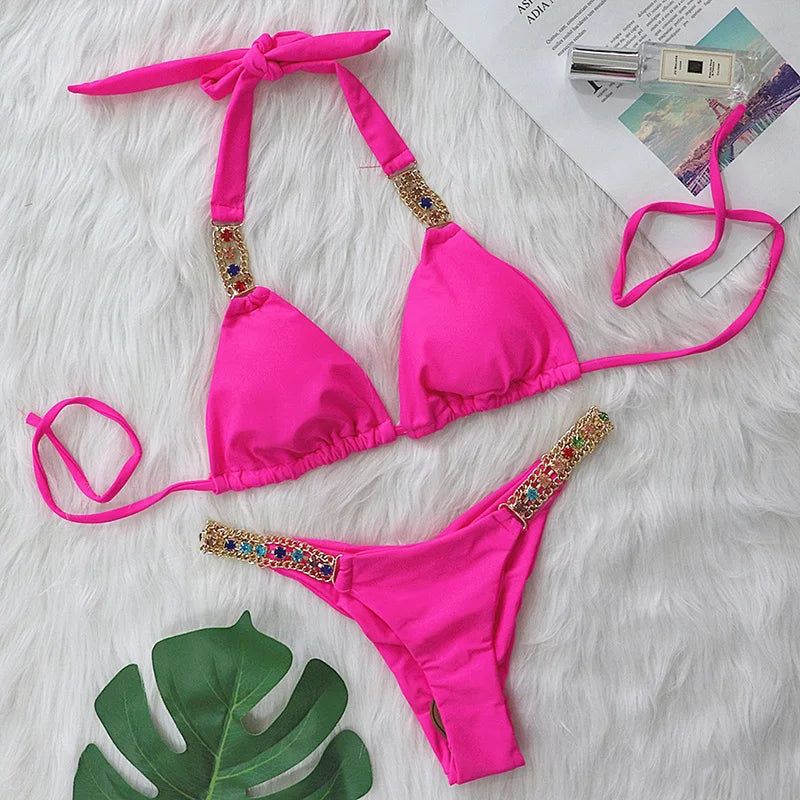 Halter Crystal Rhinestone Diamond Bikini 2026 Female Swimsuit Women Swimwear Two Pieces Bikini set Brazilian Bathing Suit Swim