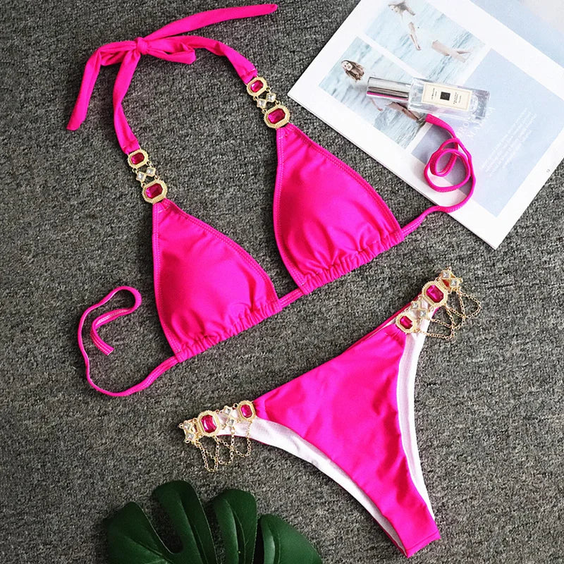 Halter Crystal Rhinestone Diamond Bikini 2026 Female Swimsuit Women Swimwear Two Pieces Bikini set Brazilian Bathing Suit Swim