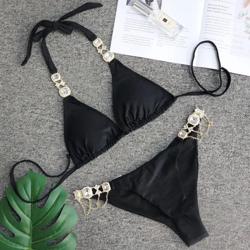 Halter Crystal Rhinestone Diamond Bikini 2026 Female Swimsuit Women Swimwear Two Pieces Bikini set Brazilian Bathing Suit Swim