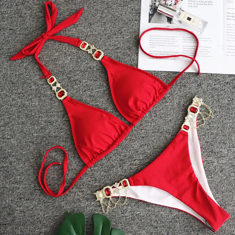 Halter Crystal Rhinestone Diamond Bikini 2026 Female Swimsuit Women Swimwear Two Pieces Bikini set Brazilian Bathing Suit Swim
