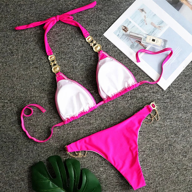 Halter Crystal Rhinestone Diamond Bikini 2026 Female Swimsuit Women Swimwear Two Pieces Bikini set Brazilian Bathing Suit Swim