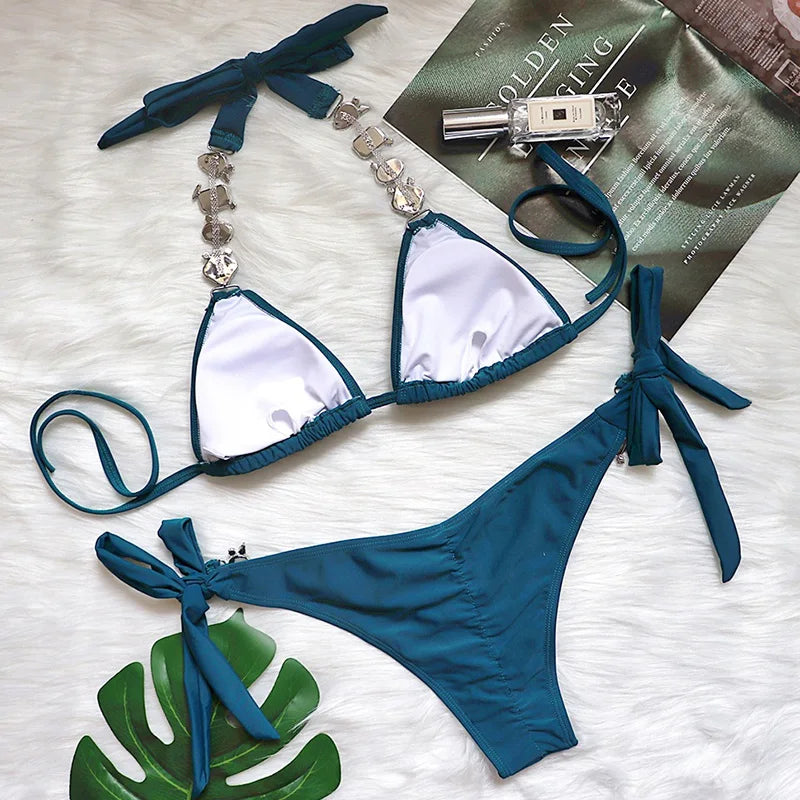 Halter Crystal Rhinestone Diamond Bikini 2026 Female Swimsuit Women Swimwear Two Pieces Bikini set Brazilian Bathing Suit Swim