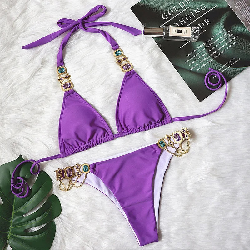 Halter Crystal Rhinestone Diamond Bikini 2026 Female Swimsuit Women Swimwear Two Pieces Bikini set Brazilian Bathing Suit Swim