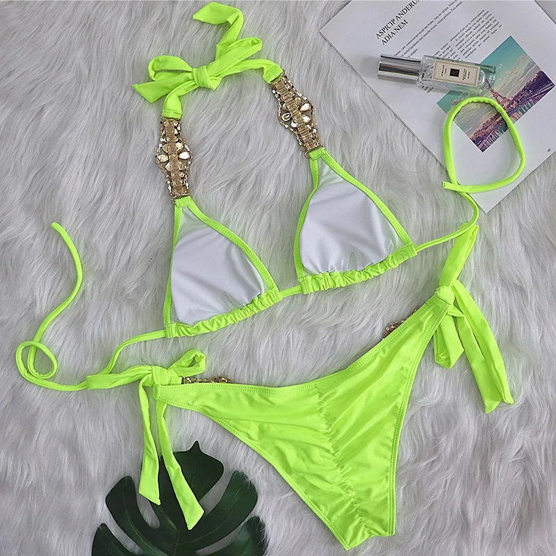 Halter Crystal Rhinestone Diamond Bikini 2026 Female Swimsuit Women Swimwear Two Pieces Bikini set Brazilian Bathing Suit Swim