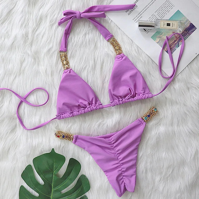 Halter Crystal Rhinestone Diamond Bikini 2026 Female Swimsuit Women Swimwear Two Pieces Bikini set Brazilian Bathing Suit Swim
