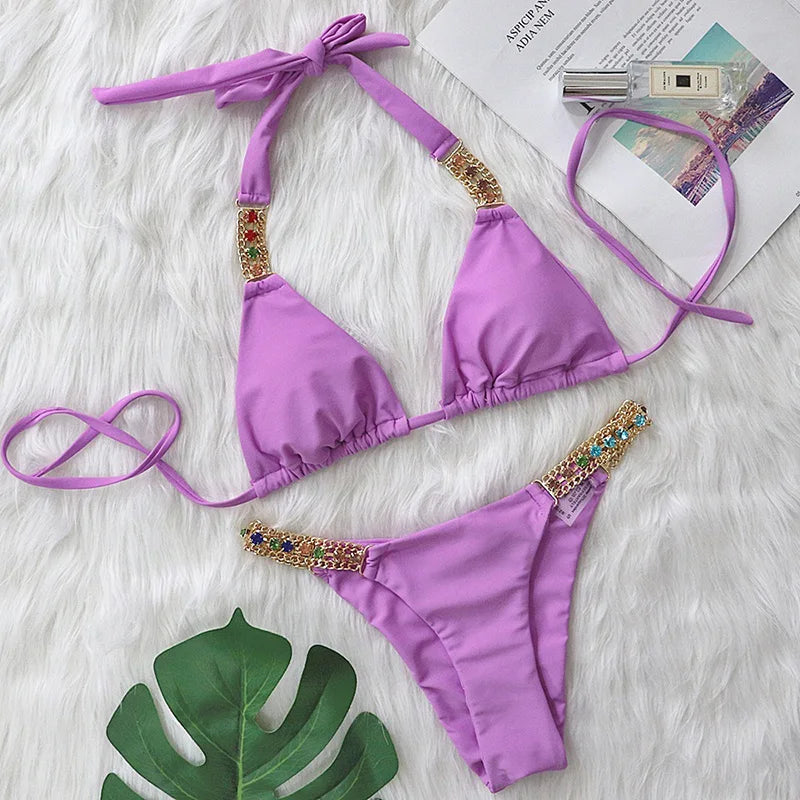 Halter Crystal Rhinestone Diamond Bikini 2026 Female Swimsuit Women Swimwear Two Pieces Bikini set Brazilian Bathing Suit Swim