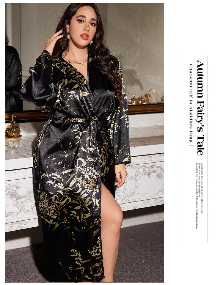 Print Cherry 2PCS Robe Set Large Size 5XL Suspender Nightgown Women Sexy Kimono Bathrobe Gown Sleepwear Loose Satin Home Dress