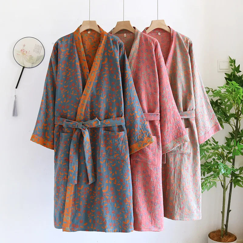 Multi Colors Kimono Bathrobe Women's Pajamas Clothing for Spring and Summer Cotton Loose Home Sleepwear Kimono Robes with Belt