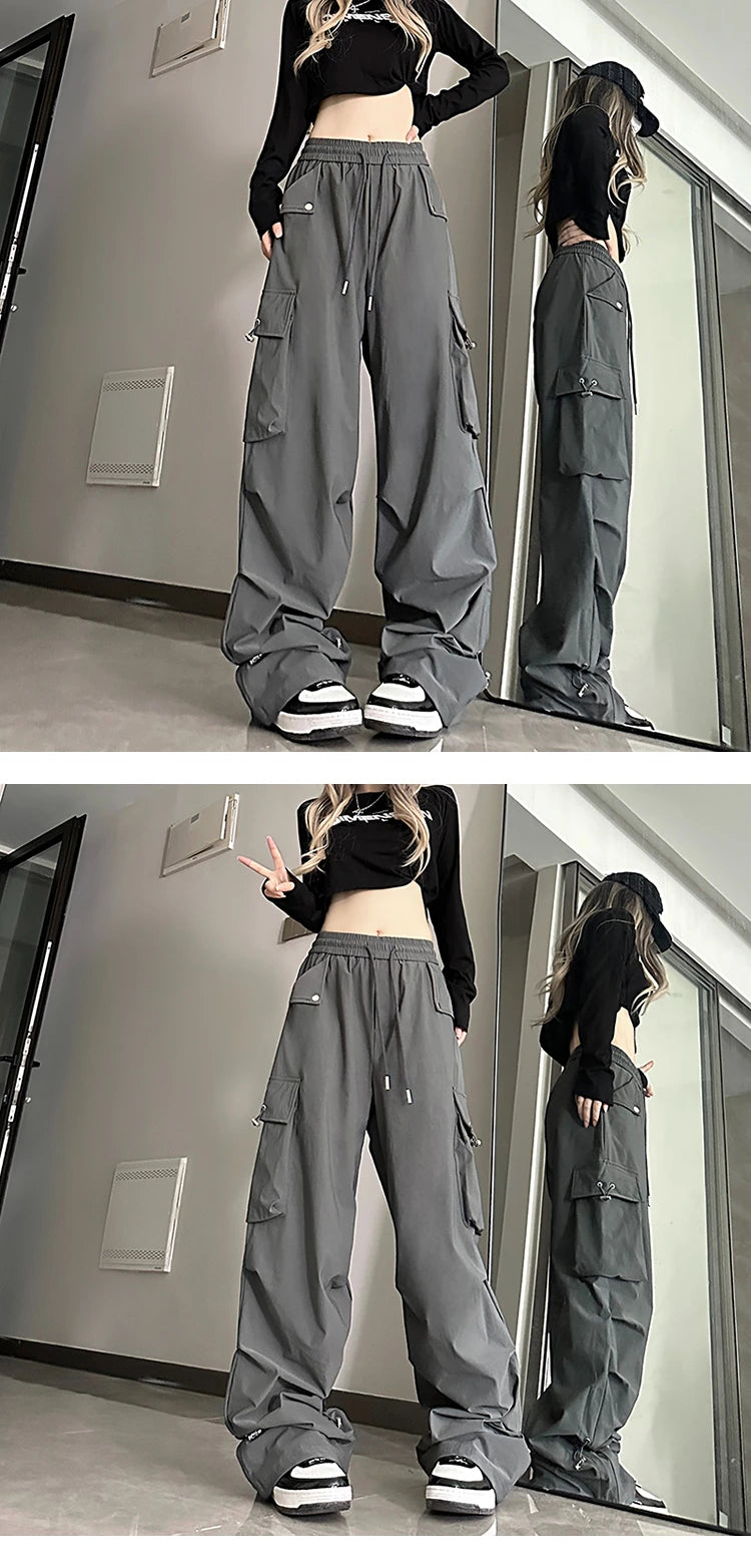 2024 American style large pocket cargo pants women's spring summer new style wide leg pants loose slimming casual sports pants