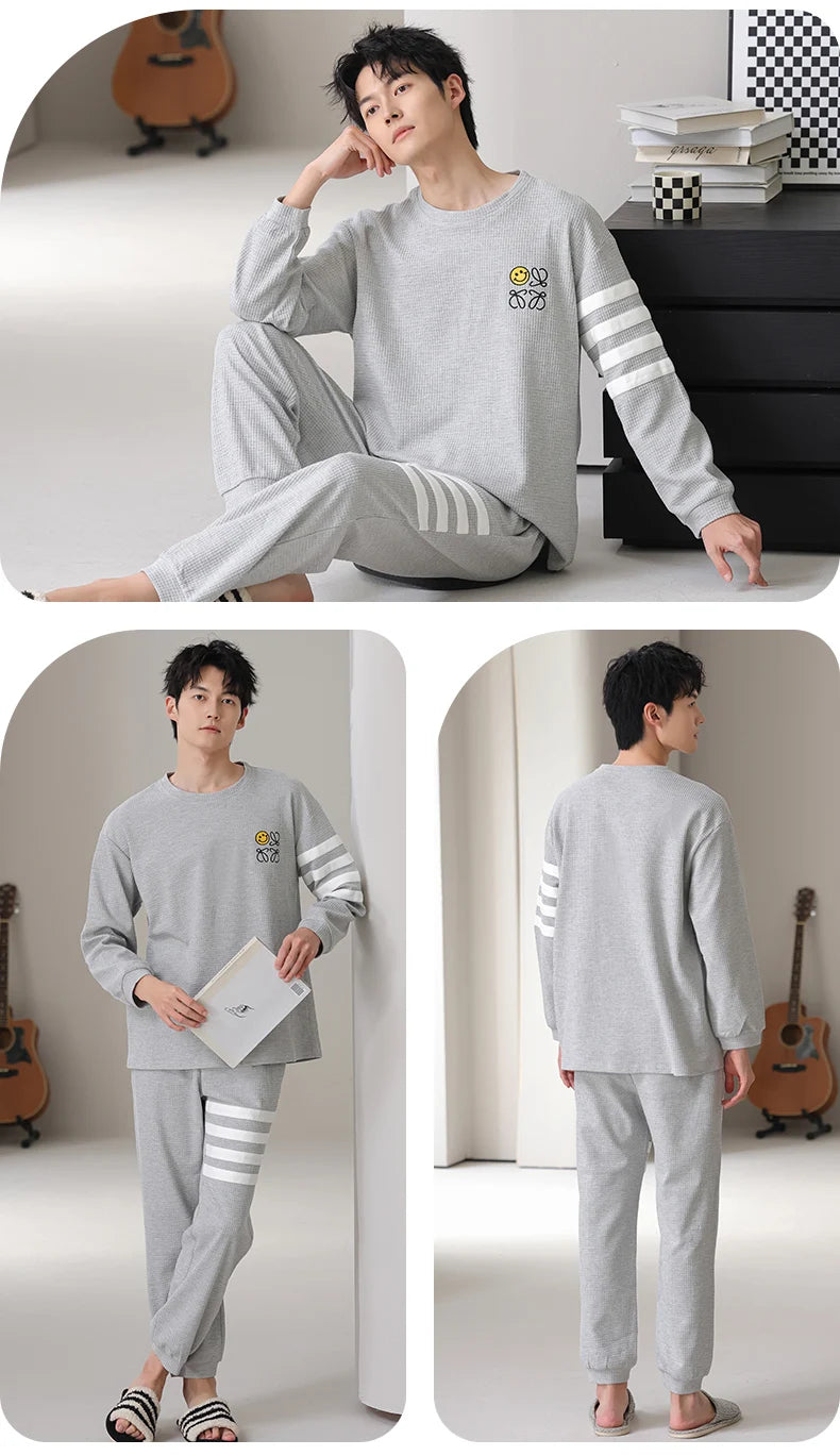 Men Pajamas Set 100% Cotton Casual Sleepwear Male Autumn Long Sleeve Solid Pyjamas