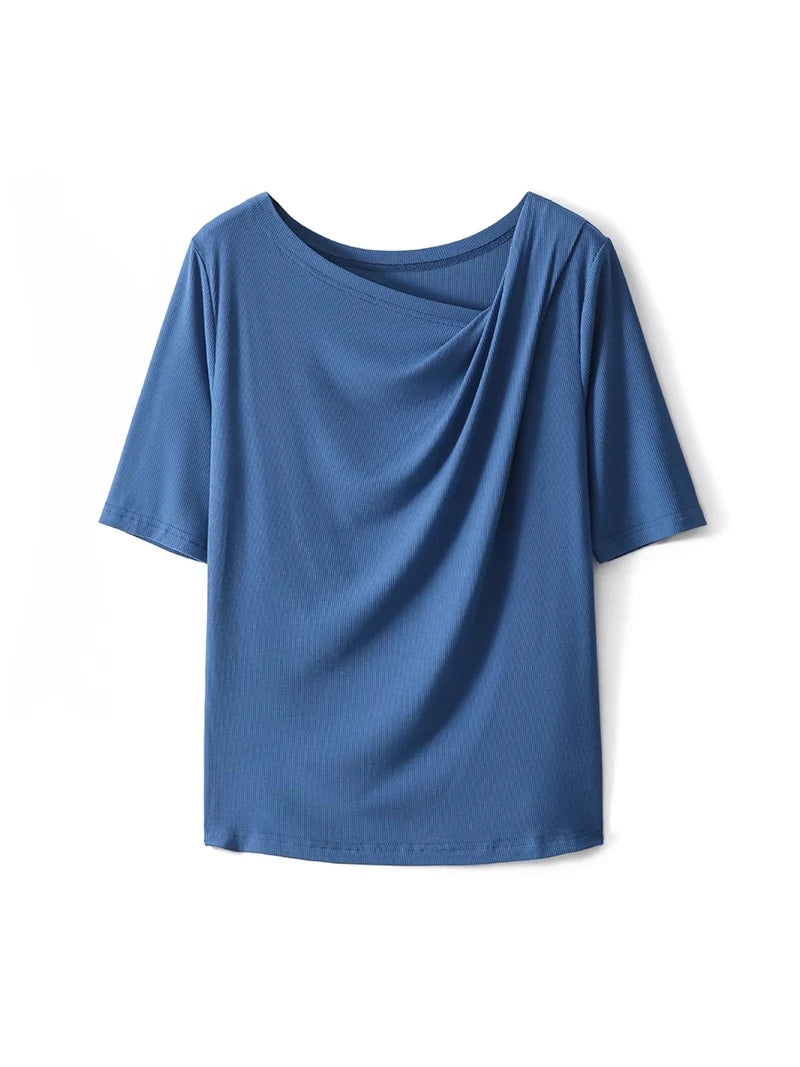 SuyaDream Women Solid T Shirt Real Silk Blend Skew Collar Summer Tee 2025 New Ribs Tops Blue Pink