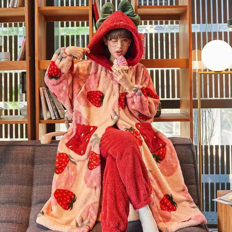 Kawaii Flannel 2025 Winter Kimono Nightgown Strawberry Cute Home Wear for Women Sleepwear Warm Bathrobe Cartoon Hooded Long Robe