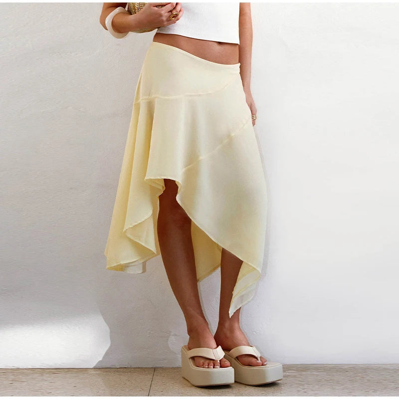 High Waist Asymmetrical Hem Midi Skirt Ruffle Flowy Irregular Hem A Line Skirts 2026 Summer Elegant Casual Vacation Chic Outwear