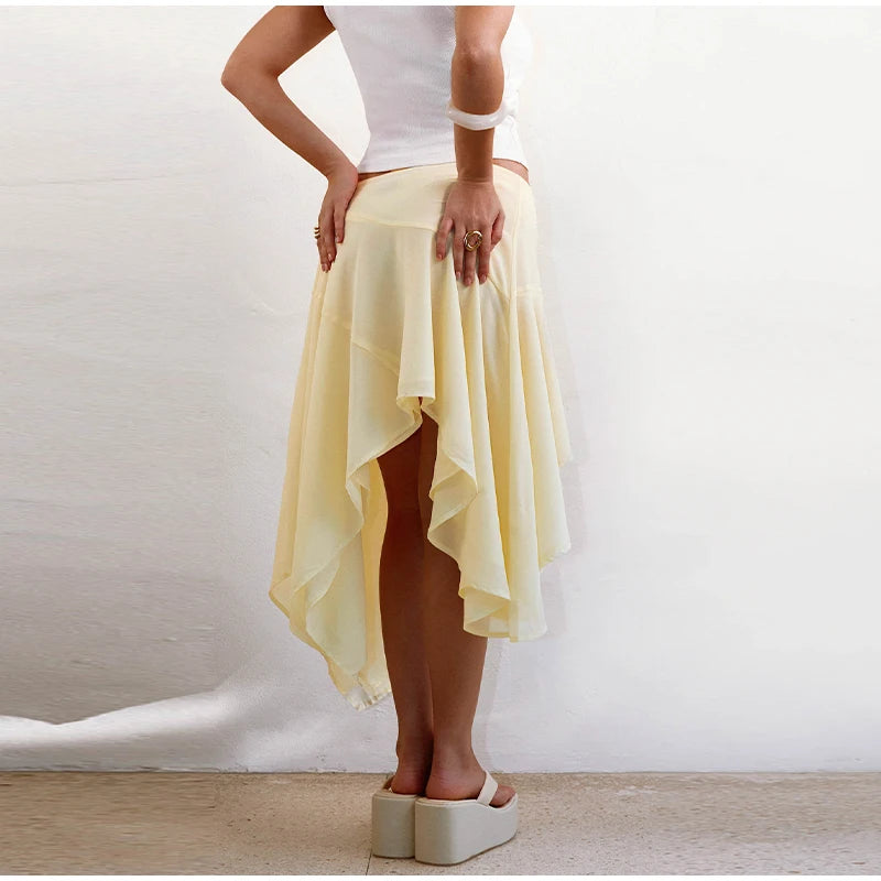 High Waist Asymmetrical Hem Midi Skirt Ruffle Flowy Irregular Hem A Line Skirts 2026 Summer Elegant Casual Vacation Chic Outwear