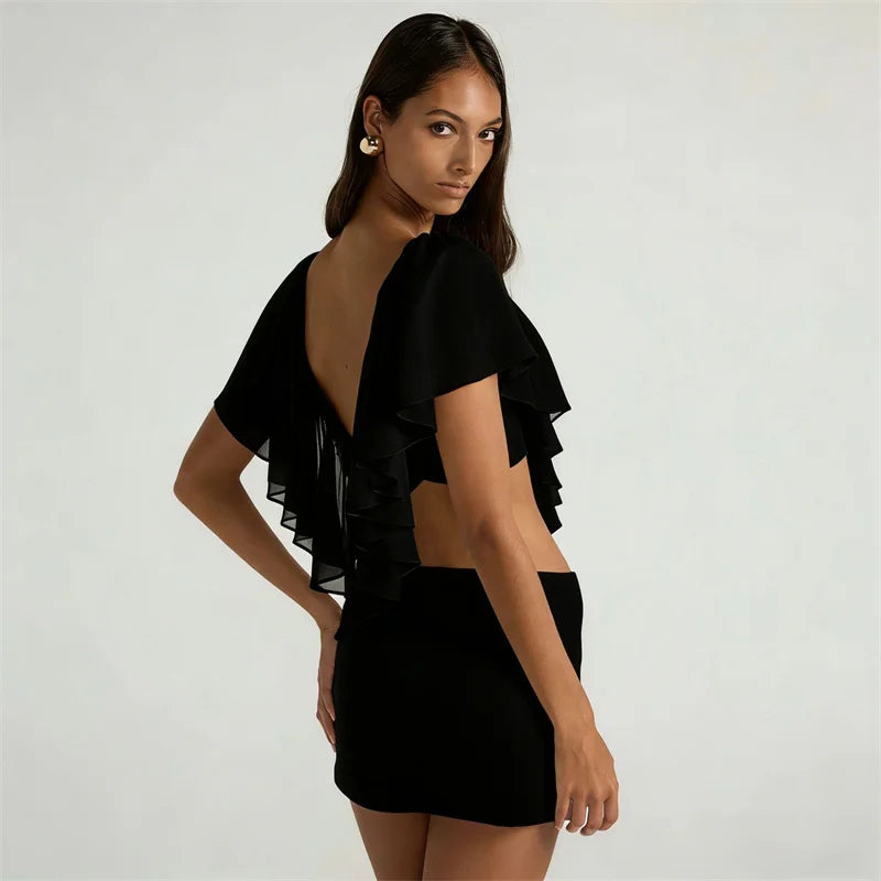 Mozision Ruffled Sexy Two Piece Set Women V Neck Sleeveless Tank Top Mini Skirt Matching Sets Female Club Party Dress Sets