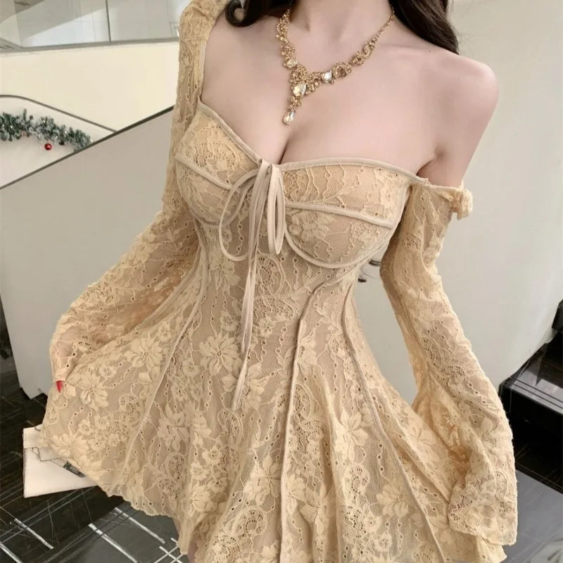 Lace Dresses For Women Flare Sleeve Solid Birthday Party Sexy Vestidos Mujer Spring Autumn Korean Fashion Mini Dress