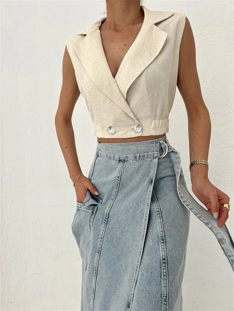2024 Summer Women Solid Khaki Linen Tank Tops Sleeveless V-neck Vest Crop Tops For Women Female