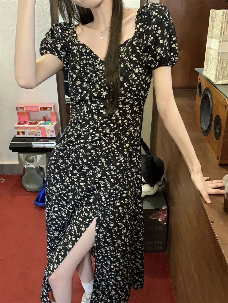 French Floral Dress for Women in Spring and Summer New Black High-end Slit Long Skirt Temperament Design Niche Tea Break