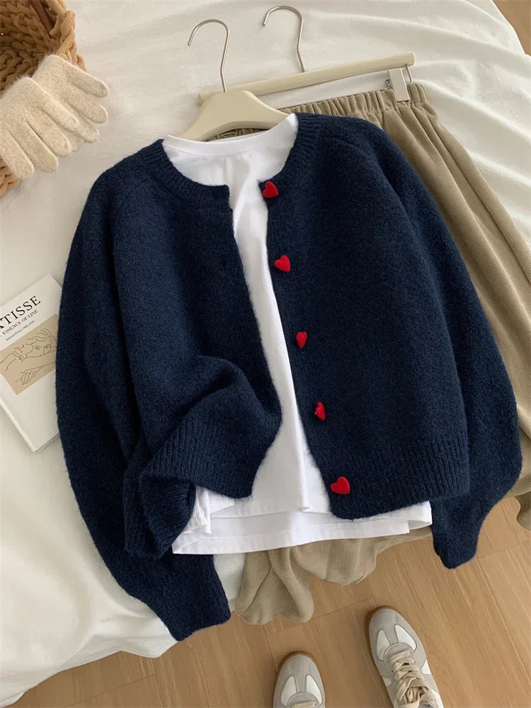 Deep Grey Wool Knitted Cardigan For Women 2026 Autumn Winter Soft And Sticky Warm Love Buckle Shoulder Sleeves