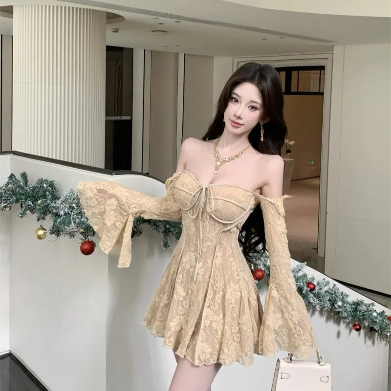 Lace Dresses For Women Flare Sleeve Solid Birthday Party Sexy Vestidos Mujer Spring Autumn Korean Fashion Mini Dress