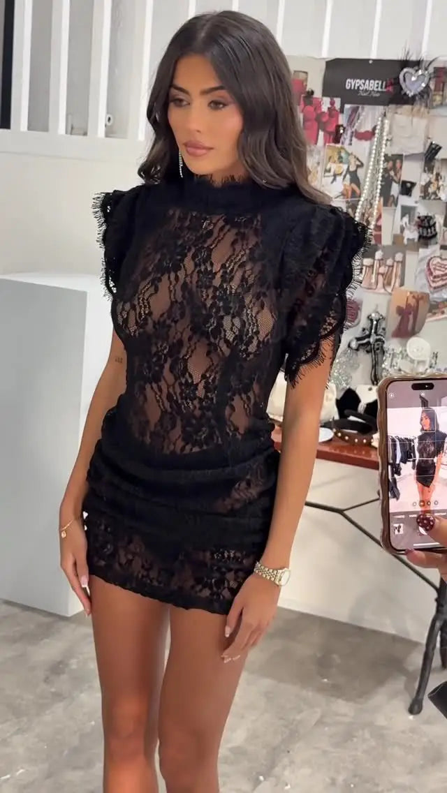 Elegant Lace Dress Fashion Retro Half High Collar Sleeveless Slim Wrap Hips Mini Dress Women's Sexy Party Dress Female Clothing