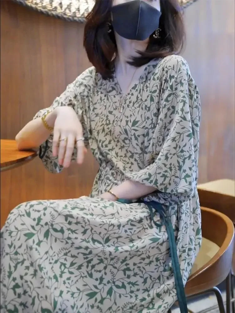 Floral Dress for Women Spring New Style 7-quarter Sleeves Chic Loose Slim Print Skirt Mid-length