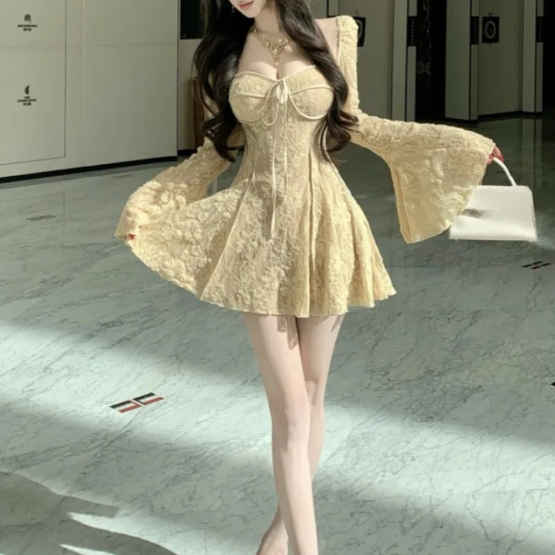 Lace Dresses For Women Flare Sleeve Solid Birthday Party Sexy Vestidos Mujer Spring Autumn Korean Fashion Mini Dress