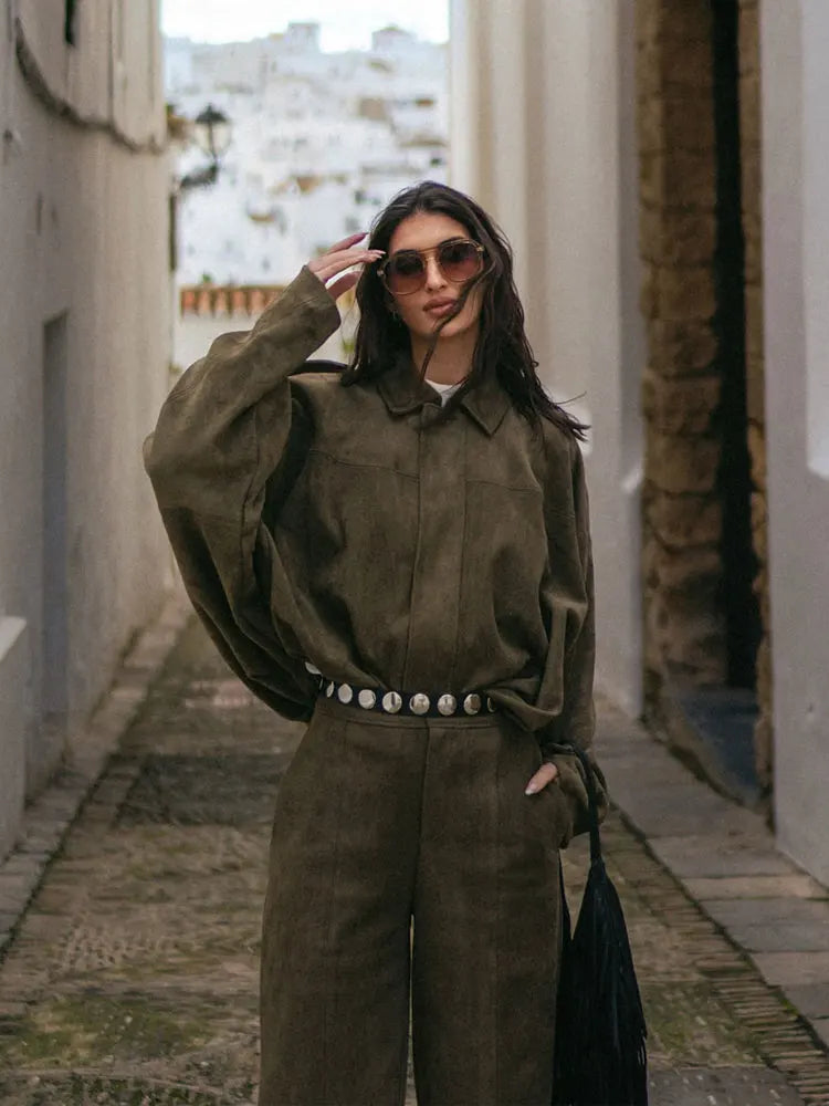 HH Spring Women Suede Coat Pant Sets Lapel Long Sleeve Zipper Jackets Casual Shorts 2025 New Fashion High Street Lady Outfit