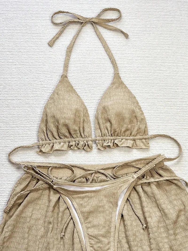 Ruffled Firlled Halter Bikini Women Swimwear Female Swimsuit Three-pieces Bikini Set with Shorts Bather Bathing Suit Women