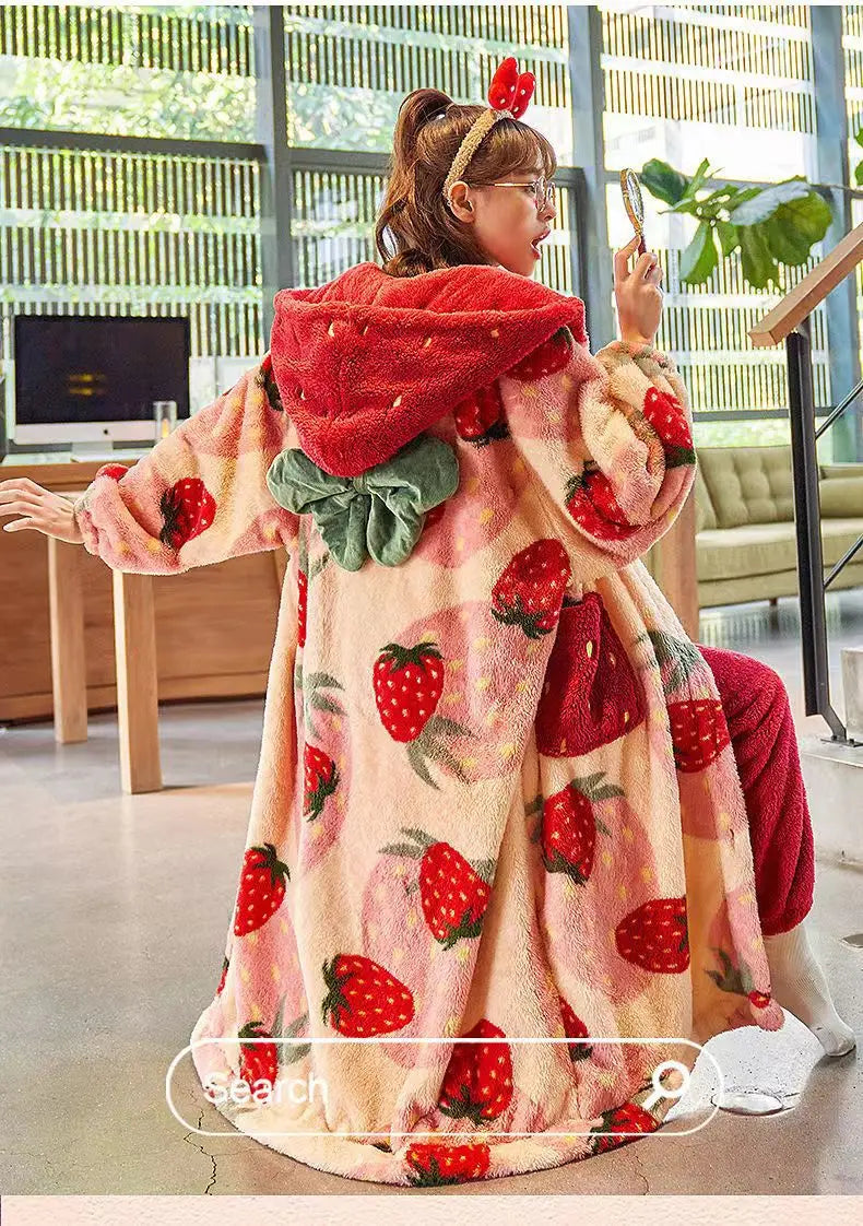 Kawaii Flannel 2025 Winter Kimono Nightgown Strawberry Cute Home Wear for Women Sleepwear Warm Bathrobe Cartoon Hooded Long Robe