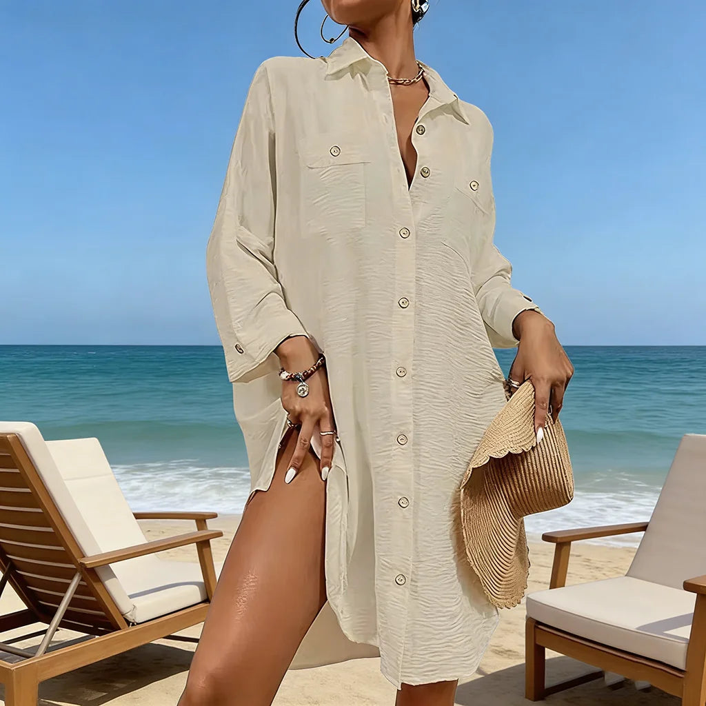 Women's modern swimsuit smock shirt Button up shirt dress top