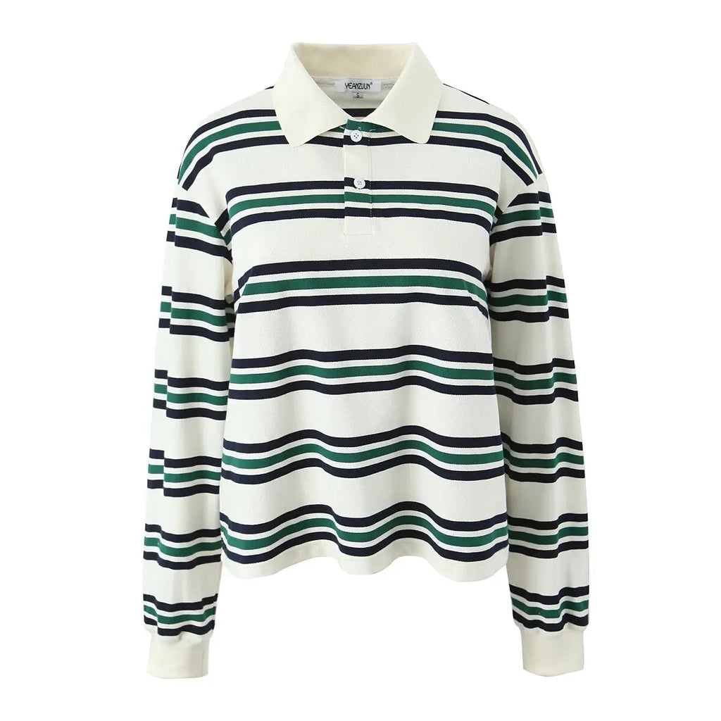 Summer Ladies Polo Shirts Woman Long Sleeve Crop Tops Striped Vintage Clothes Polo Shirts Mujer Streetwear Casual Tops Brown