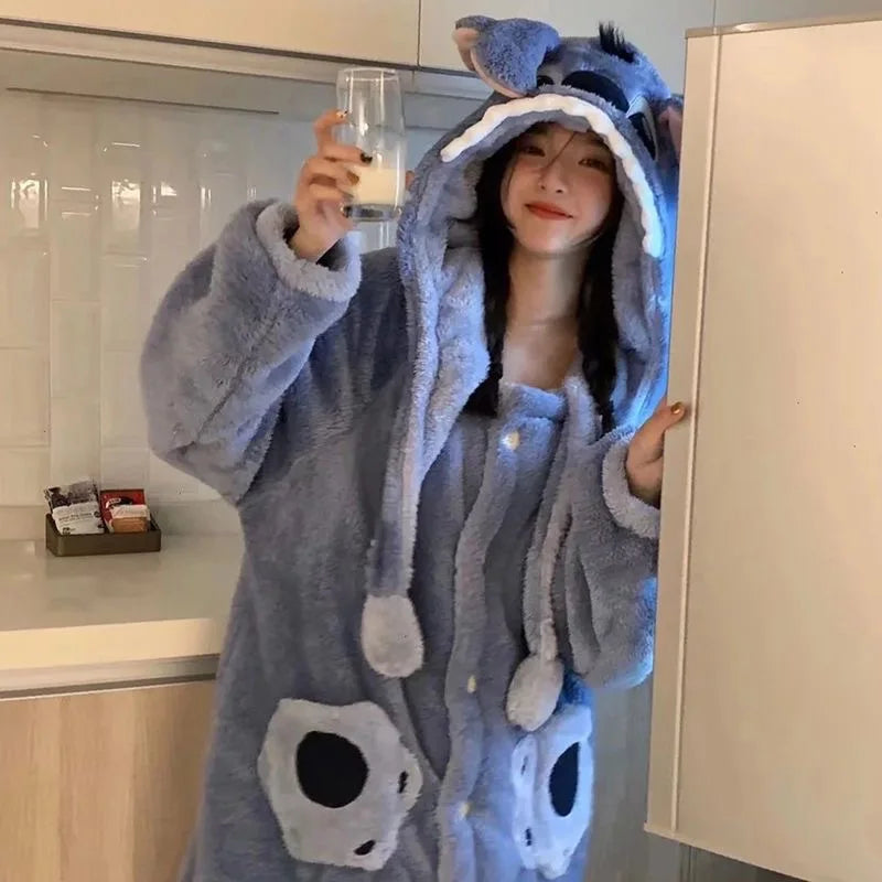 Kawaii Flannel 2025 Winter Kimono Nightgown Strawberry Cute Home Wear for Women Sleepwear Warm Bathrobe Cartoon Hooded Long Robe