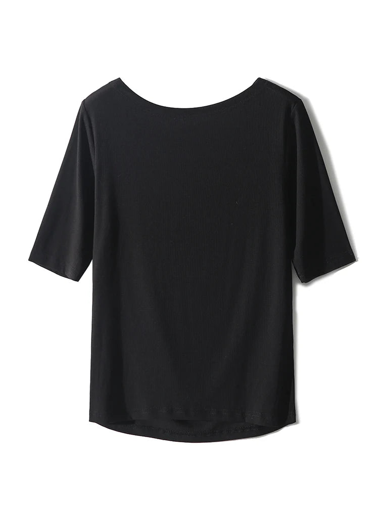 SuyaDream Women Solid T Shirt Real Silk Blend Skew Collar Summer Tee 2025 New Ribs Tops Blue Pink