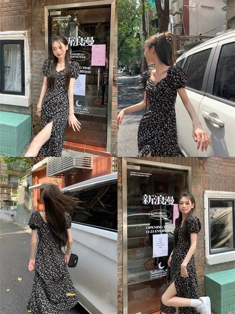 French Floral Dress for Women in Spring and Summer New Black High-end Slit Long Skirt Temperament Design Niche Tea Break