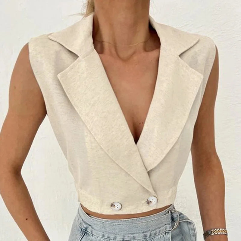 2024 Summer Women Solid Khaki Linen Tank Tops Sleeveless V-neck Vest Crop Tops For Women Female