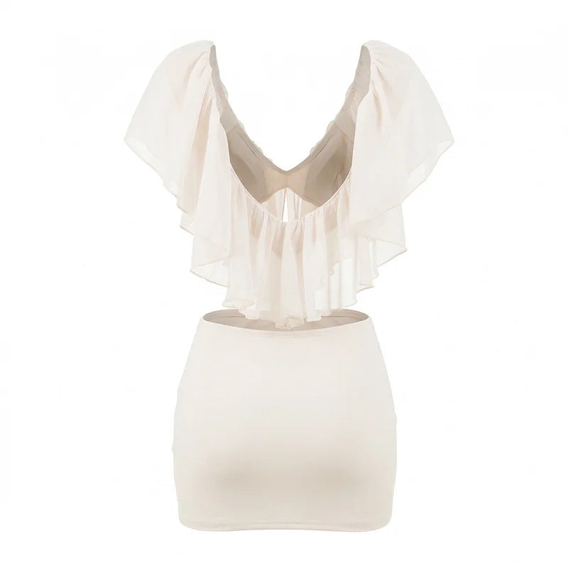 Mozision Ruffled Sexy Two Piece Set Women V Neck Sleeveless Tank Top Mini Skirt Matching Sets Female Club Party Dress Sets