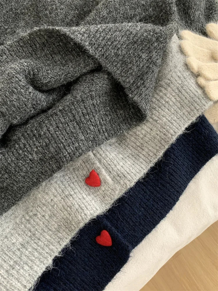 Deep Grey Wool Knitted Cardigan For Women 2026 Autumn Winter Soft And Sticky Warm Love Buckle Shoulder Sleeves