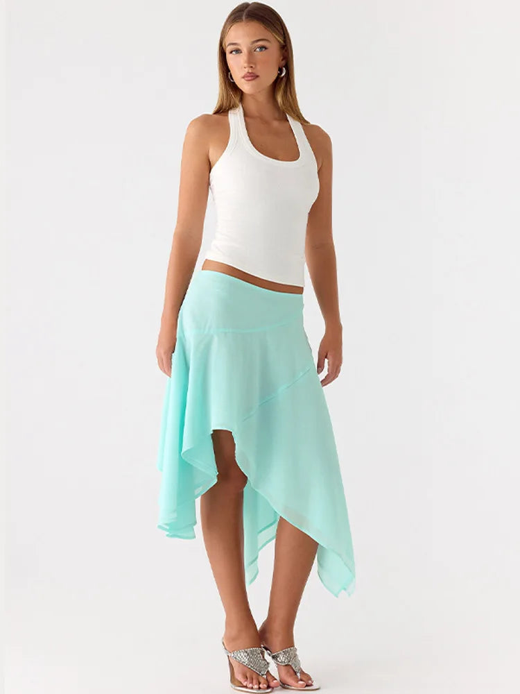 High Waist Asymmetrical Hem Midi Skirt Ruffle Flowy Irregular Hem A Line Skirts 2026 Summer Elegant Casual Vacation Chic Outwear