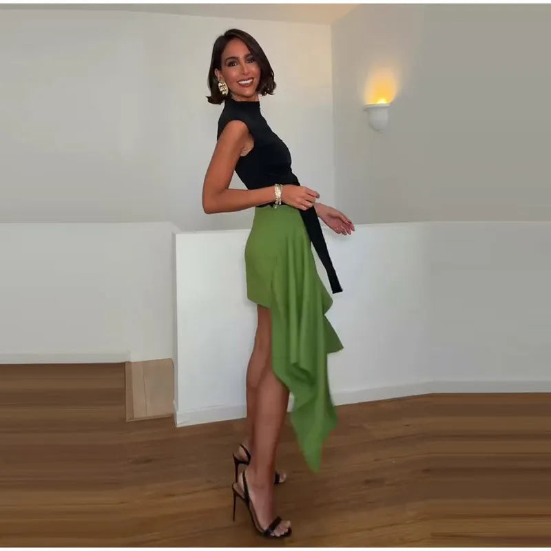 High Waist Asymmetrical Hem Midi Skirt Ruffle Flowy Irregular Hem A Line Skirts 2026 Summer Elegant Casual Vacation Chic Outwear