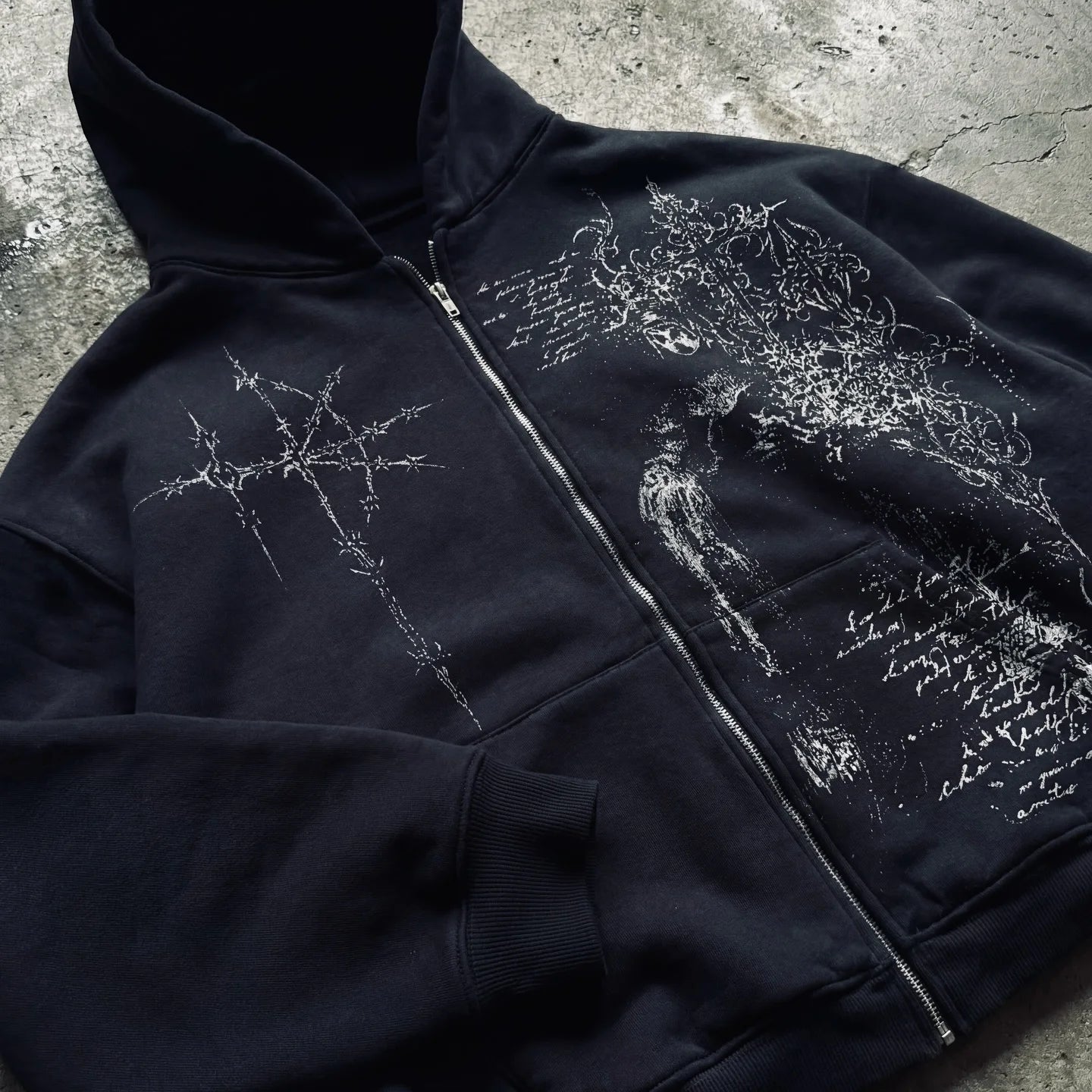 Dark Gothic Black Metal Zip Up Hoodie Distressed White Thorned Cross Gothic Text Print Oversized Cropped Unisex Streetwear
