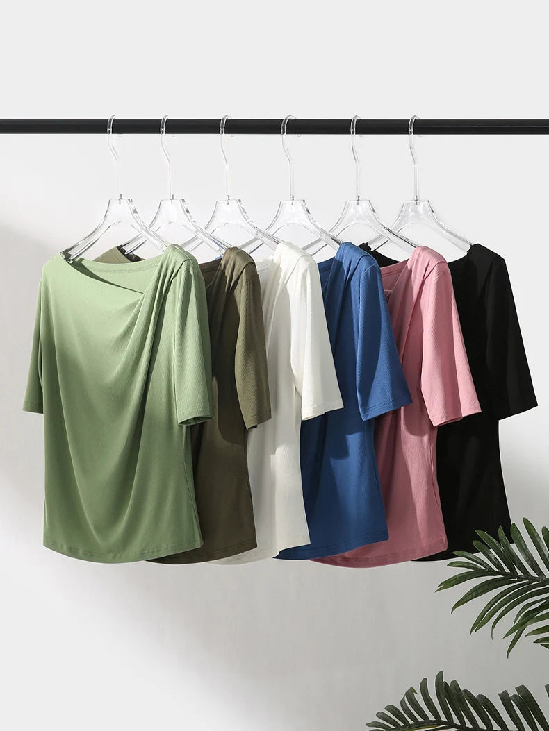 SuyaDream Women Solid T Shirt Real Silk Blend Skew Collar Summer Tee 2025 New Ribs Tops Blue Pink