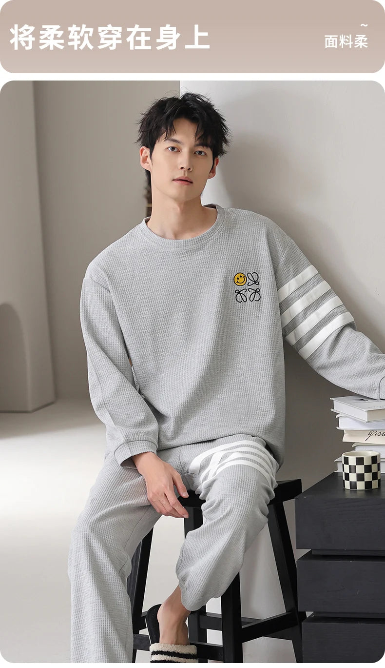 Men Pajamas Set 100% Cotton Casual Sleepwear Male Autumn Long Sleeve Solid Pyjamas
